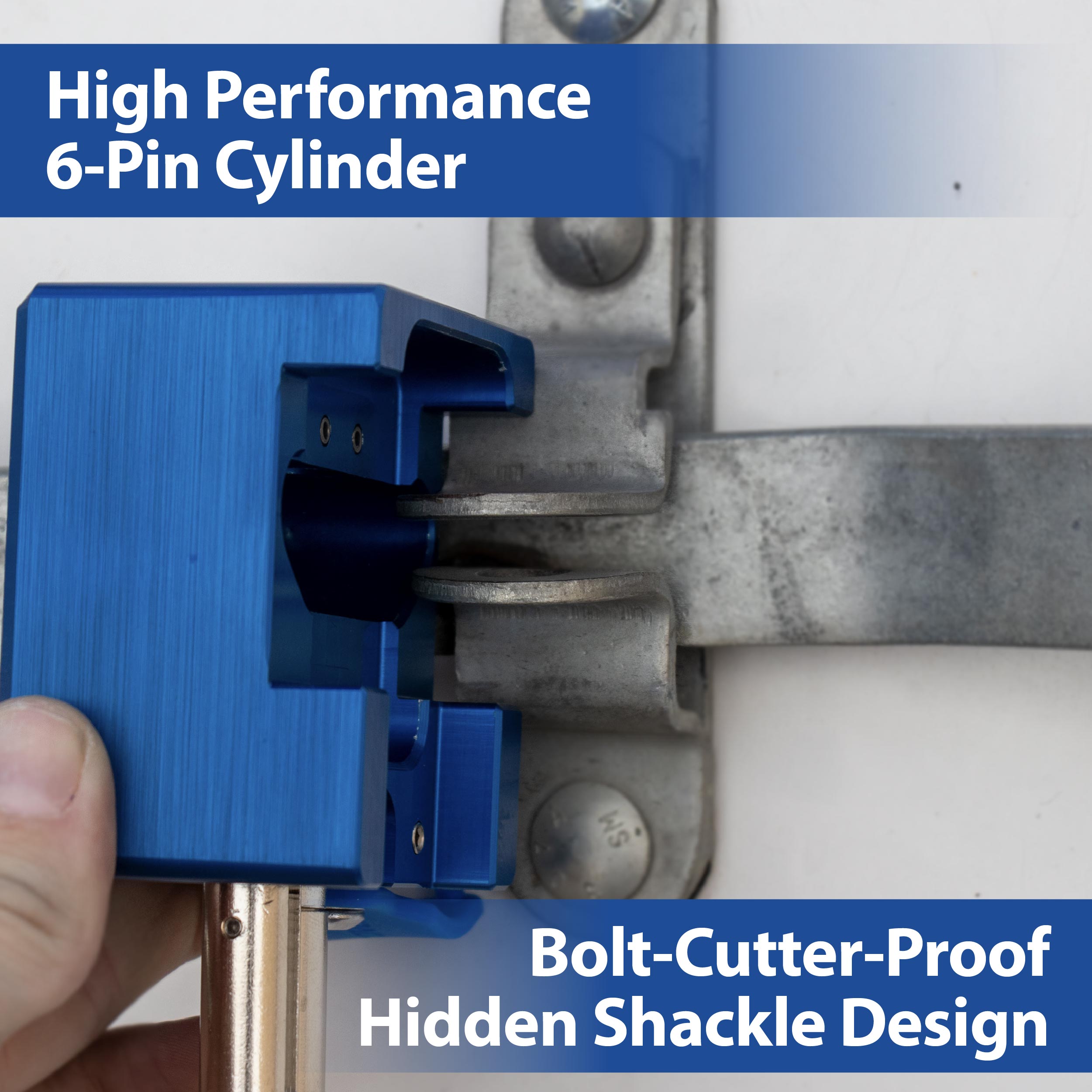 Blue high performance 6-pin cylinder with text on bolt-cutter-proof design
