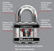 Master Lock padlock with features highlighted on a gray background