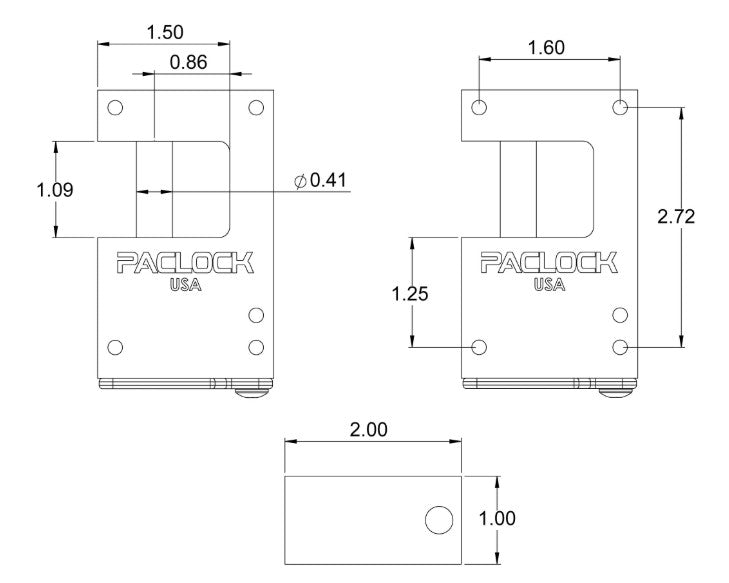 Technical drawing of a mechanical component with dimensions labeled, featuring the brand 'Paclock USA'.