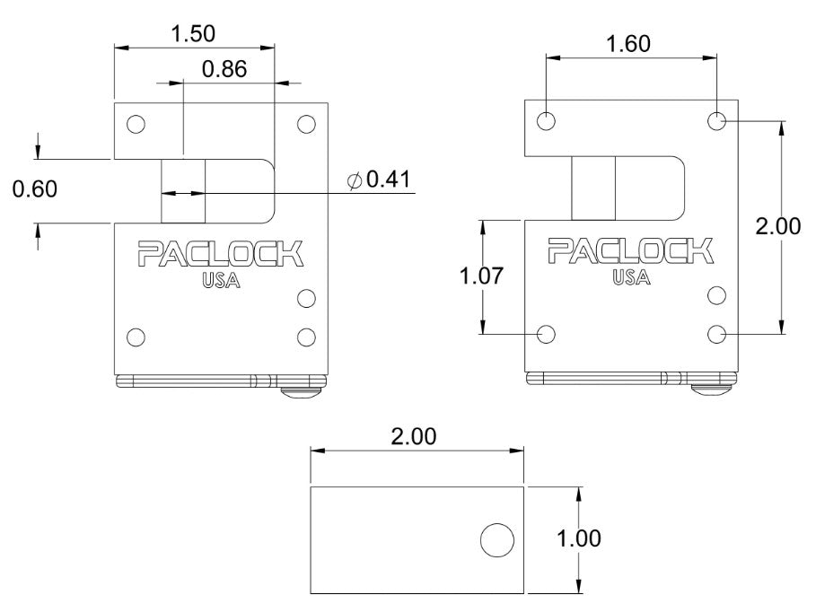 Technical drawing of a mechanical component with dimensions and 'Paclock USA' branding.