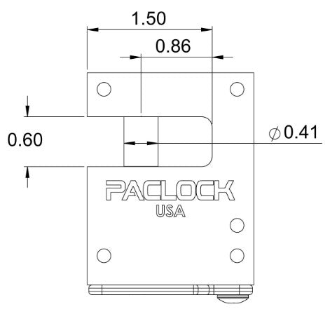 Technical drawing of a lock component with dimensions and 'Paclock USA' branding.